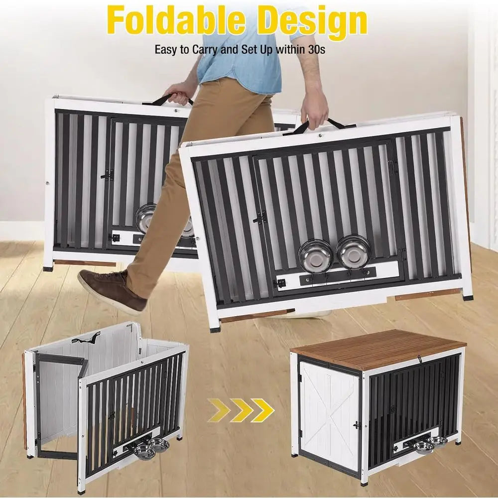 Expandable Wooden Dog Crate with 360° Swivel Bowls, Double-Sided End Table, Indoor Kennel, No Assembly Required
