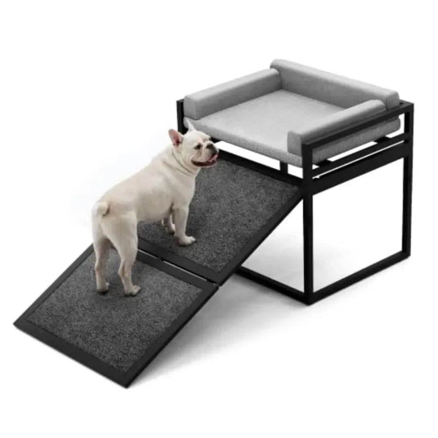Non-Slip Dog Ramp With Extra-Wide Grey Seat, Metal Frame, Washable Cushion, for High Beds/ Couches/ Office; Ideal for Dachshunds,