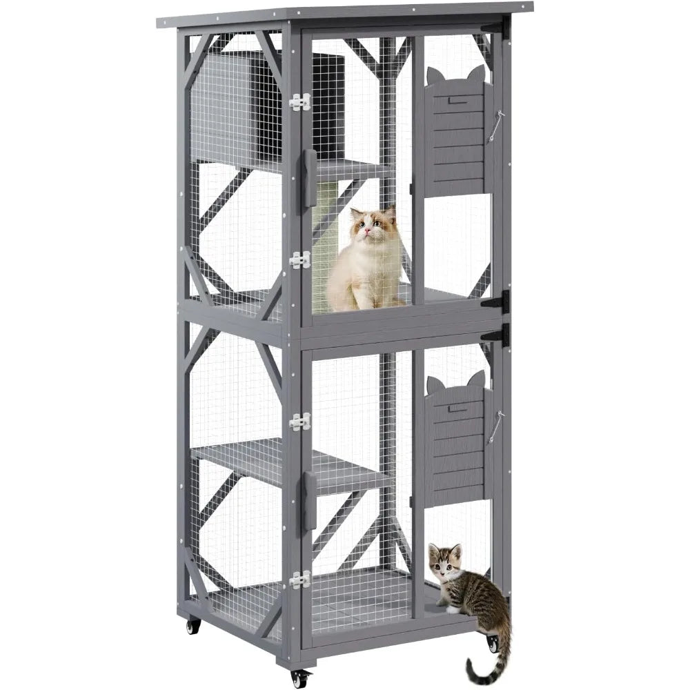 71 Cat House Outdoor Catio Cat Enclosures on Wheels, Large Outside Patio Wooden Cat Cage Resting Box, Scratching Post