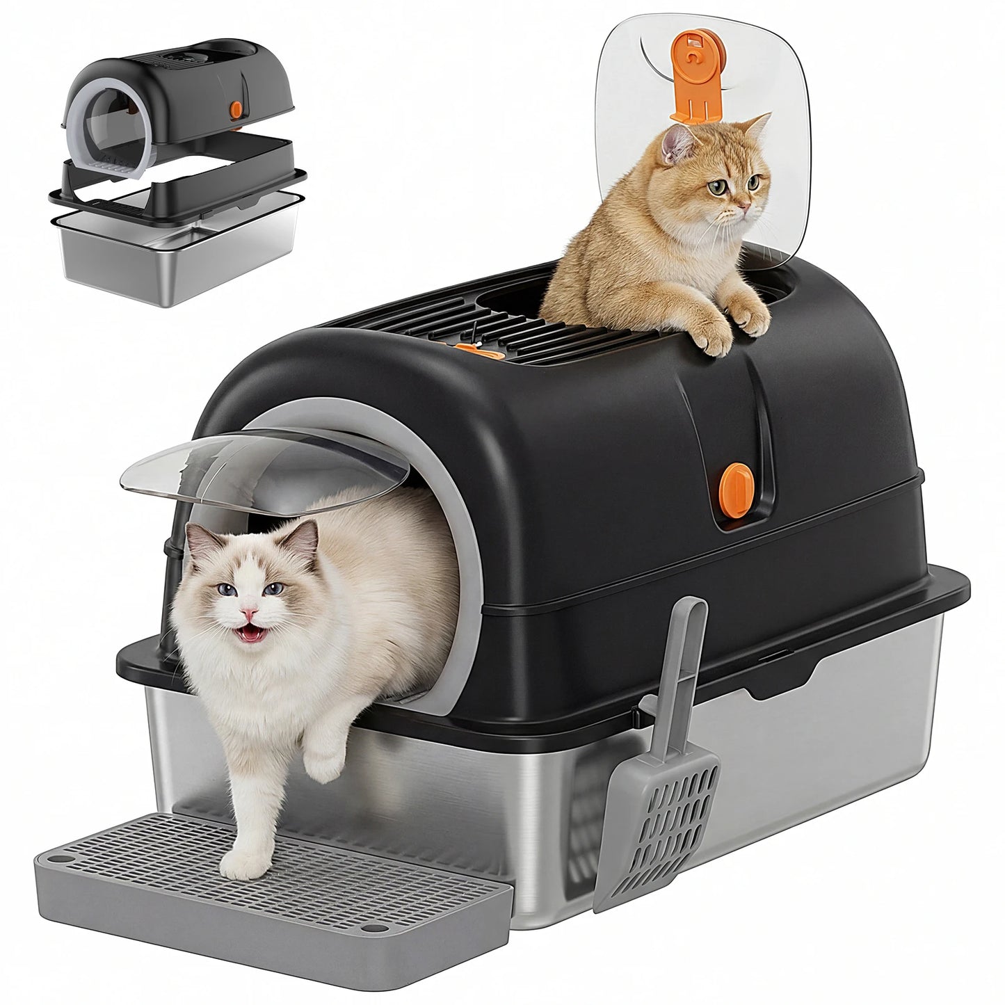 24 Inch Stainless Steel Cat Litter Box with Fully Enclosed 30L Large Cat Litter Box for Big Cats, Cat Box Scoop and Mat Included