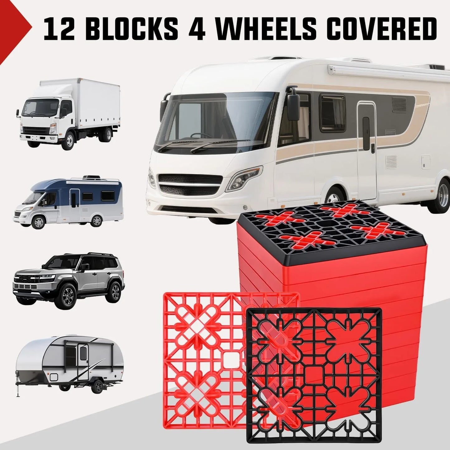 Leveling Blocks 12 Pack Interlocking Design Stabilizer Block Anti-Slip Rubber Covers Customizable Height with Carrying Bag for RV Camper Travel Trailer, Adjustable Camper Stabilizer Blocks for Motorhome Trailer Tire Support