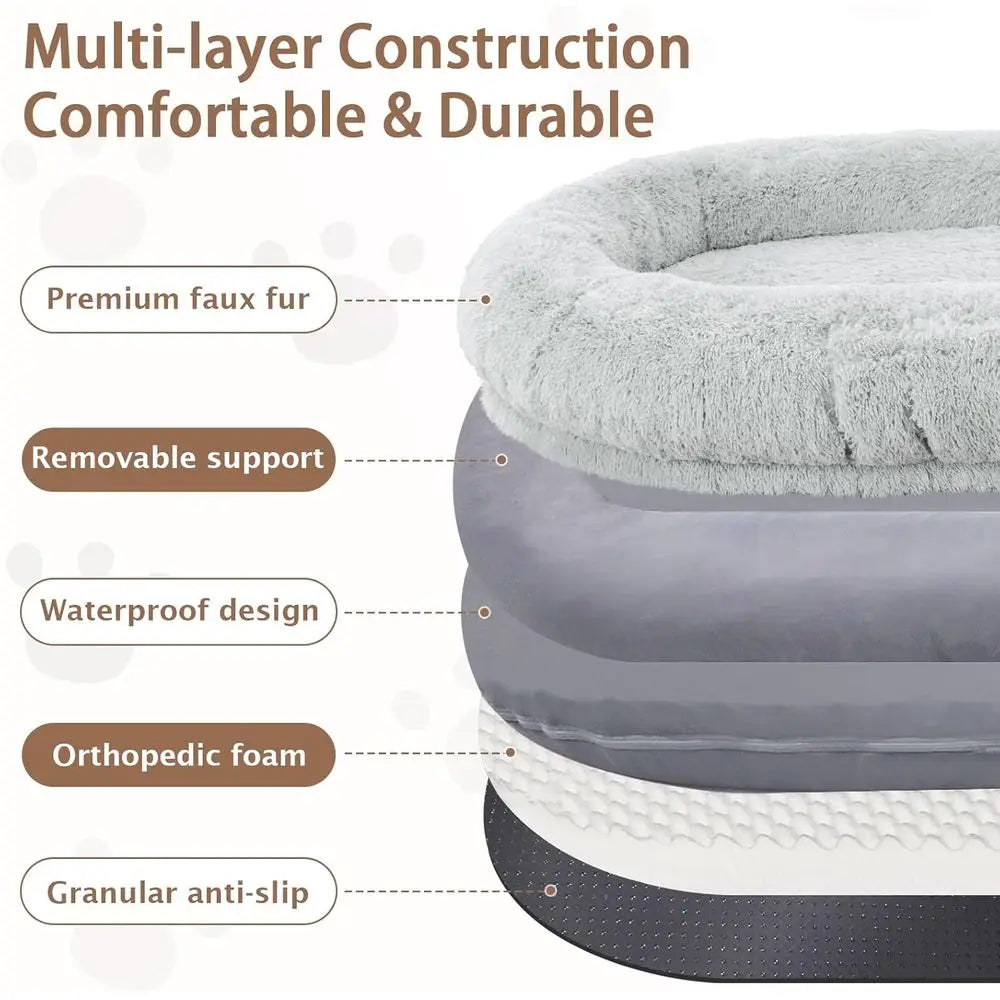 Oversized 71" x 45" x 12" Grey Memory Foam Dog Bed with Pillow, Blanket & Strap for Adults and Large Pets, Customized