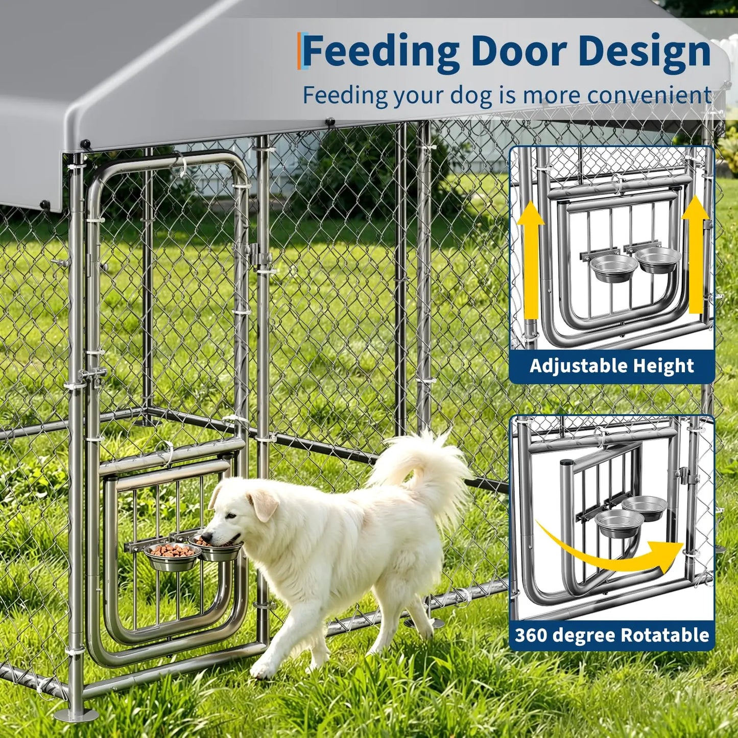 Heavy Duty 7.5 FT x 7.5 FT x 6.6 FT Outdoor Dog Kennel With Roof Cover, Lockable Feeding Door Dog Run For Large Dogs