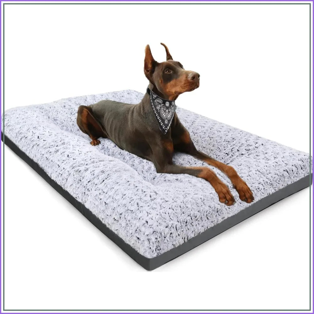 Deluxe Washable Dog Bed for Large Dogs, 35 x 23 Inch Crate Mat, Comfy Fluffy Kennel Pad, Anti-Slip, Grey