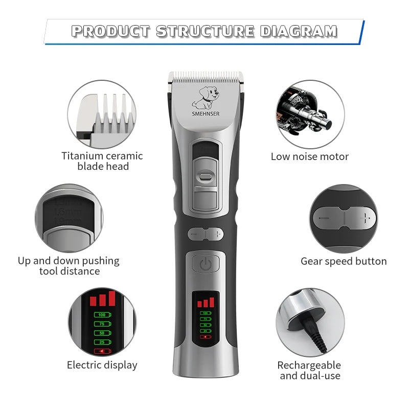 High Power Smart Dog Clippers Grooming Trimmer Pet Haircut Machine for Dogs Grooming Cutter Rechargeable Detachable Blade