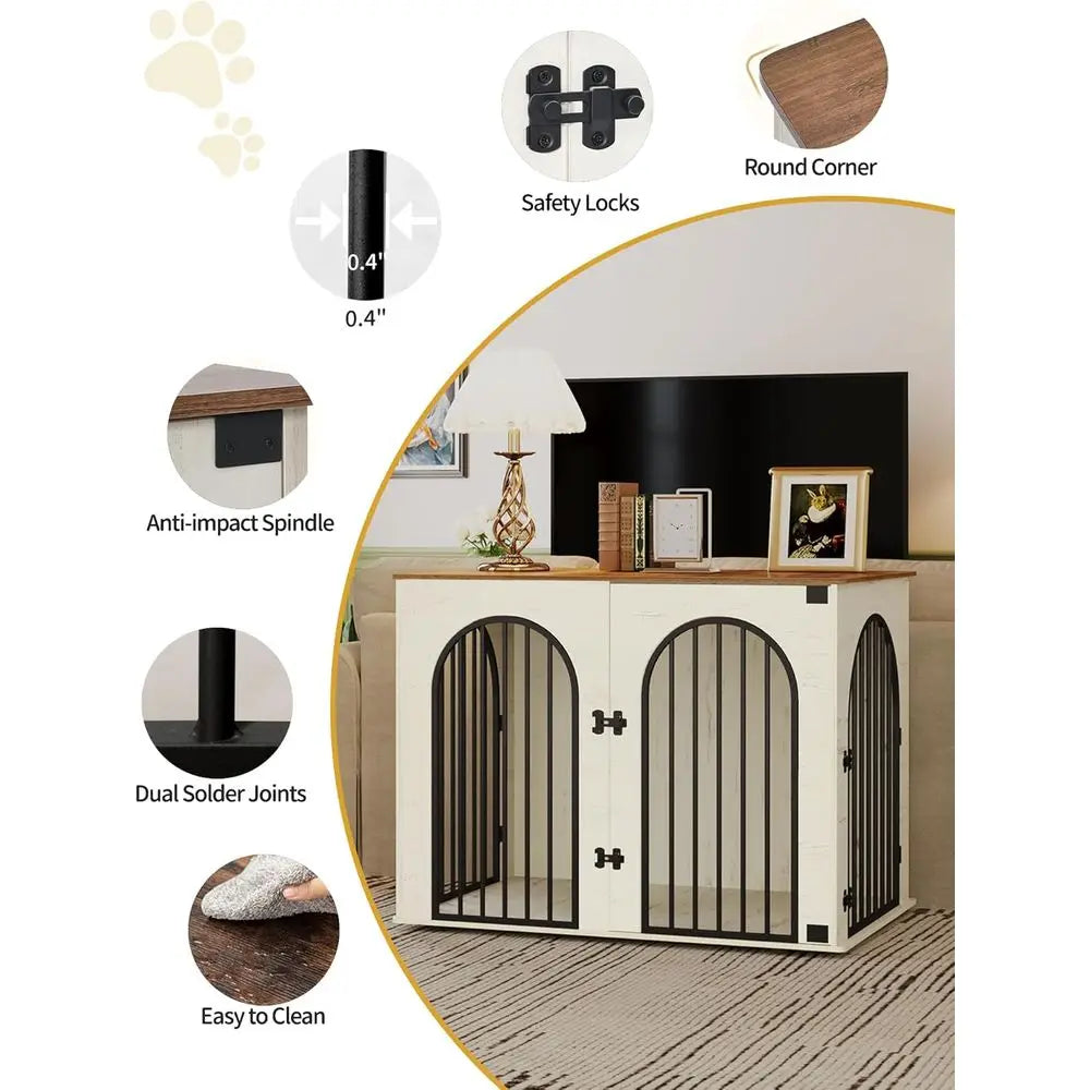 Wooden Dog Crate Furniture, Indoor Kennel for Small to Large Dogs, Heavy Duty Decorative Pet House with Side Table, White and Brown