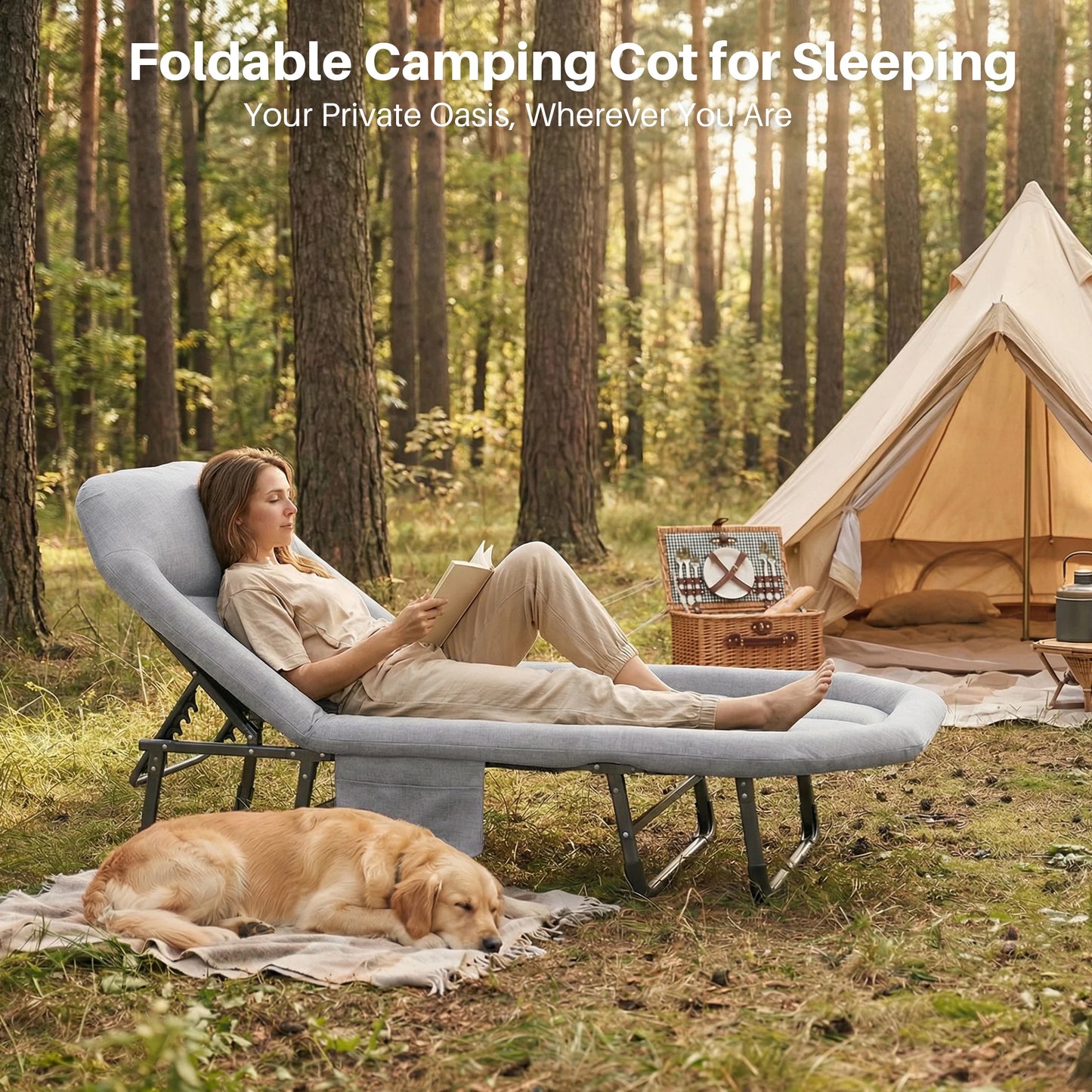 Adjustable Folding Camping Bed with Mattress  Lightweight Camping Cot with Carry Bag 6 Angle Foldable Camping Bed for Camp Outdoor Supports 450 Lbs