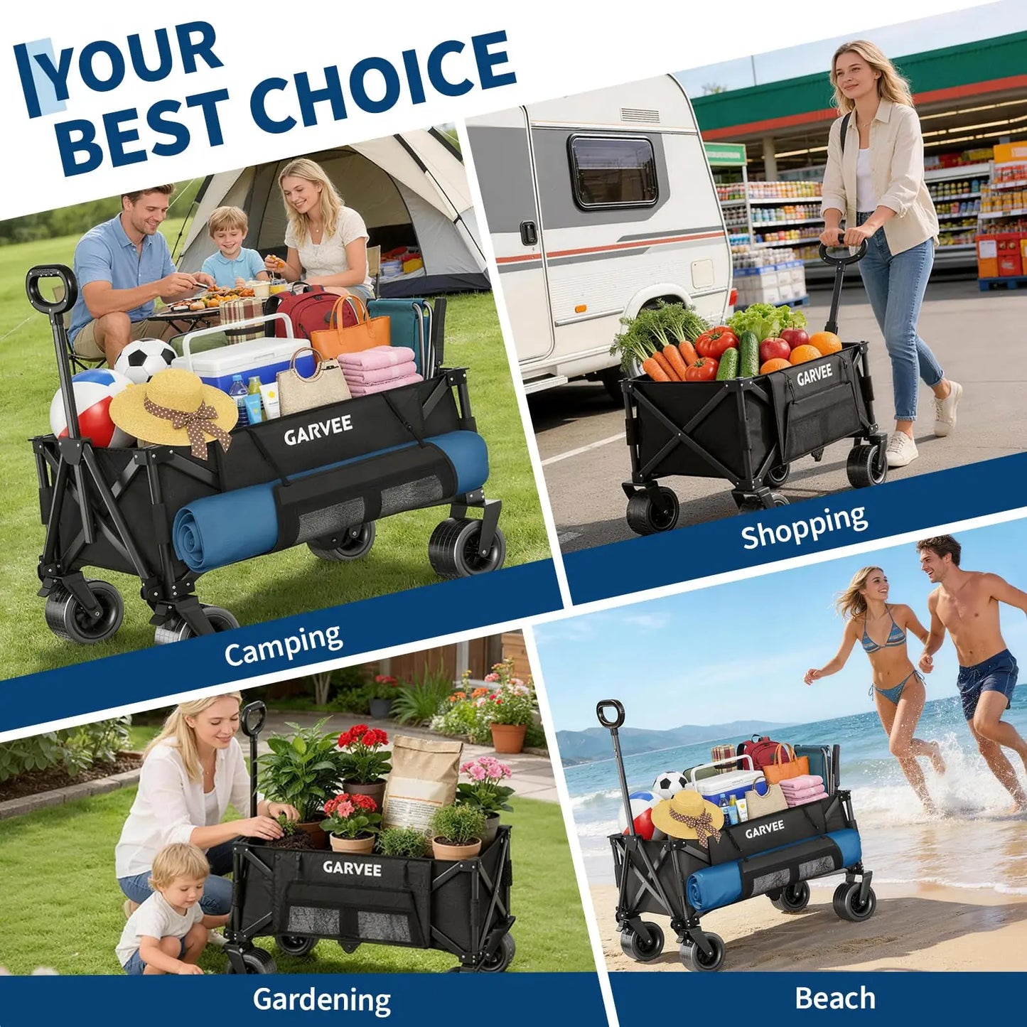 Heavy Duty Foldable Wagon Cart 460 lbs 280L With Wide All-Terrain Wheels, Brakes, Cover & Strap For Shopping Camping