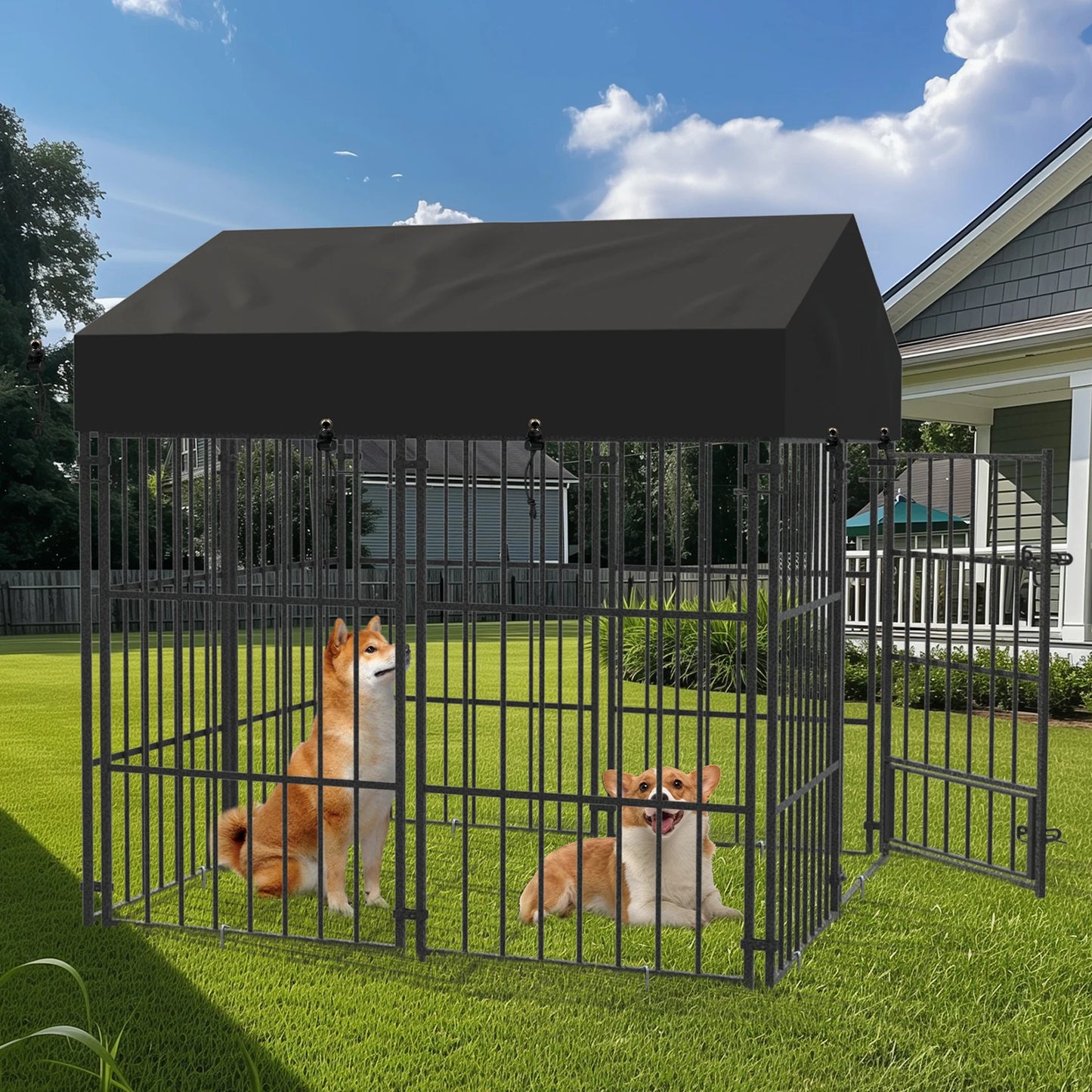 A Heavy-Duty Large Dog Kennel Pet Welded Metal Playpen Animal Cage with Roof Cover Pet Run Enclosure Playpen House Outdoor Indoor