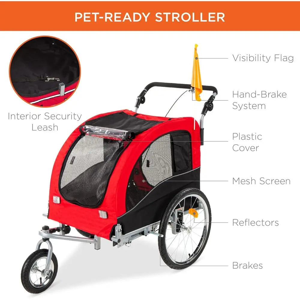 2-in-1 Dog Bike Trailer, Pet Stroller Cycle Carrier w/Hitch, Suspension, Visibility Flag and Reflect, 66 lb Weight Capacity