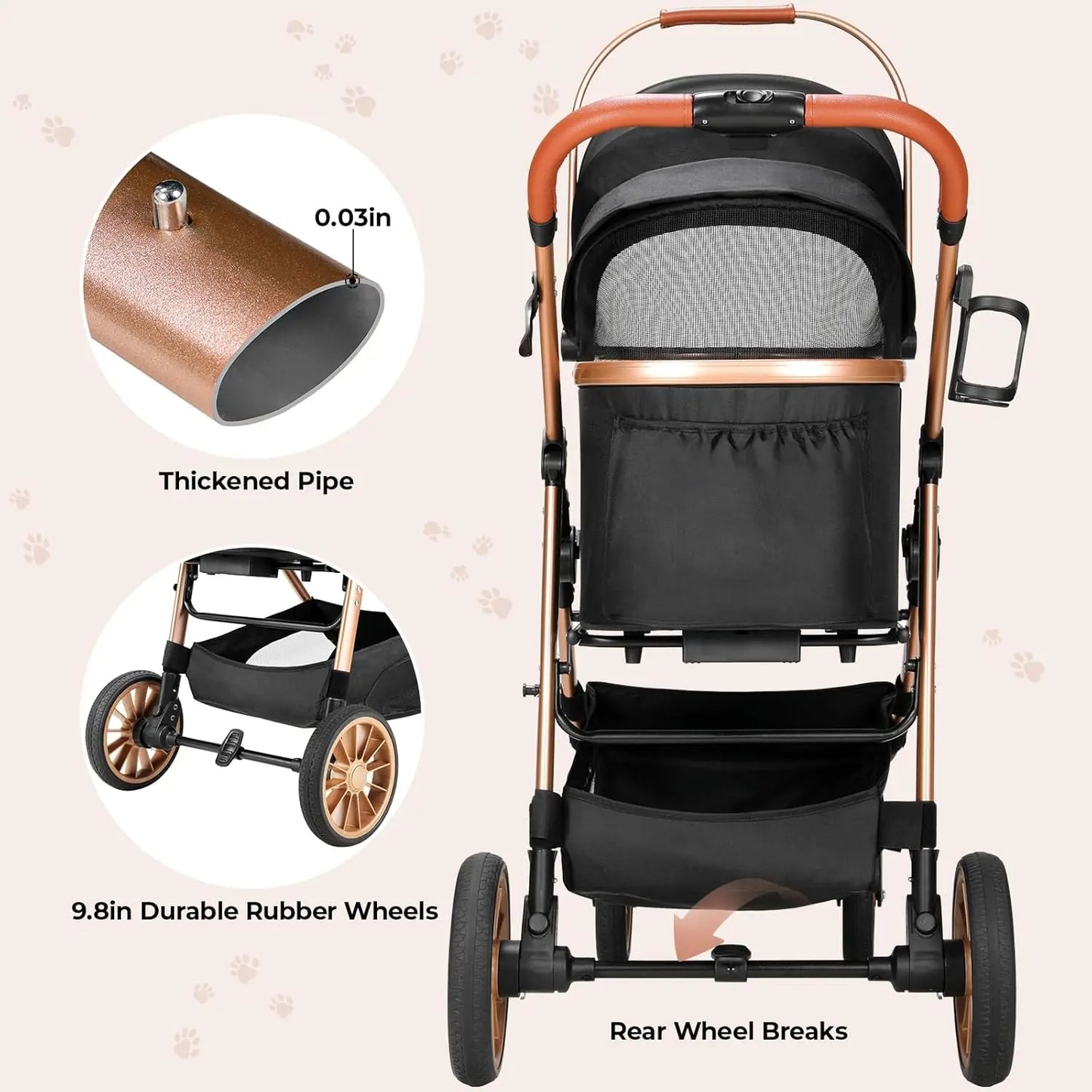 360° High Wheels Transport Foldable Cat Pet Stroller 2-in-1 Dog Buggy Stroller Dog Box Can Be Attached in Car, Max. Load 25 kg