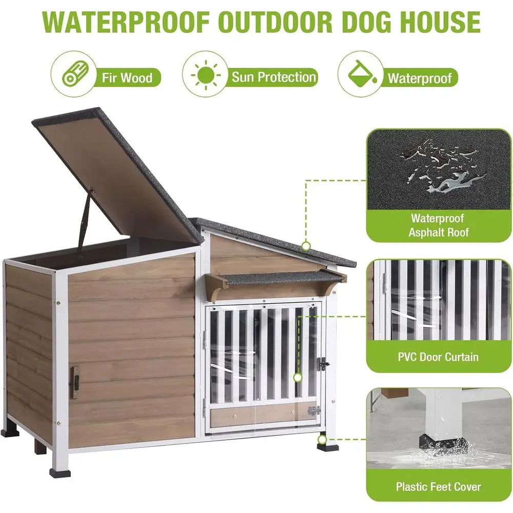 Outdoor Dog House for Large Breeds with Anti-Chew Iron, Weatherproof Kennel with 360° Rotating Bowls for Small to Medium Dogs