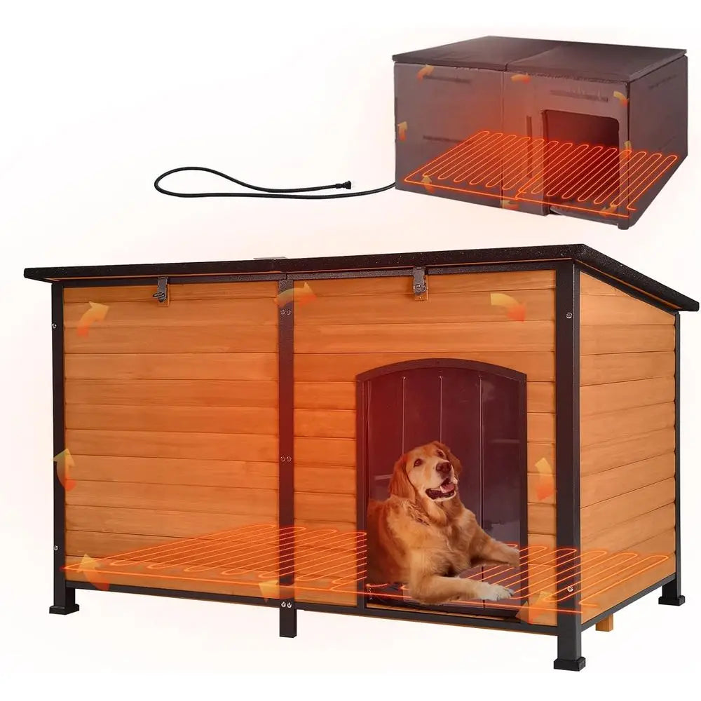 Extra Large Heated Dog House Insulated Dog Kennel Winter Shelter with Safe Thermostat-Controlled Heating Pad, Chew-Proof Metal Frame