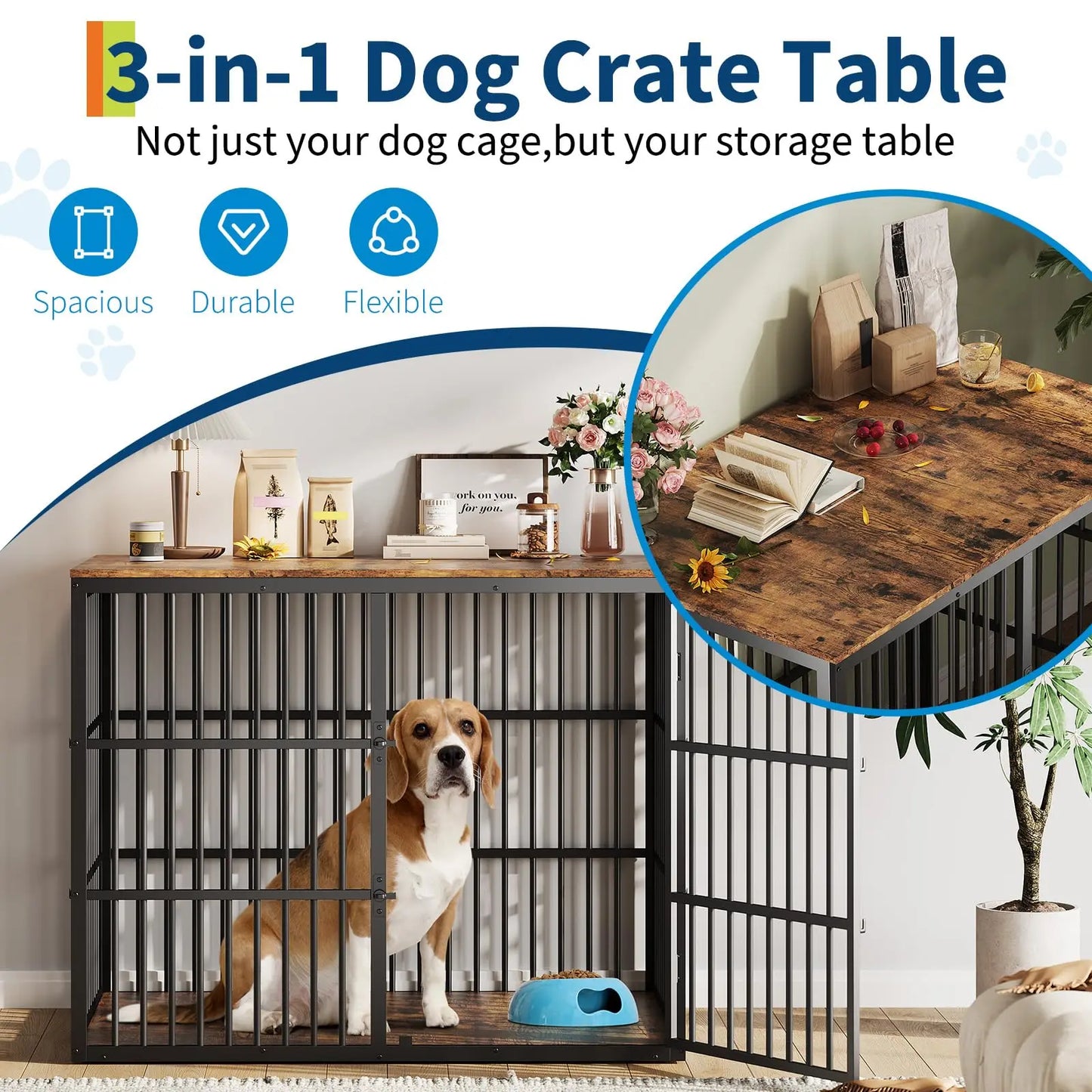 46.5" 3-in-1 Dog Crate Furniture Wooden Dog Kennel with 3 Lockable Doors Heavy Duty Metal Frame End Table For Medium Large Pet