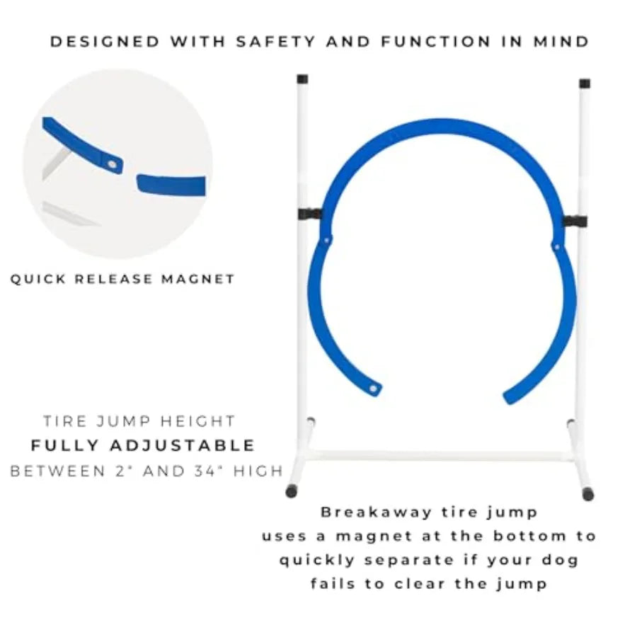 Elite Agility Set for Dogs w/Safety-Focused Features 7Pc Agility Kit 2 Bar Jumps w/Cup Strips Breakaway Tire Jump 6 Weave Poles