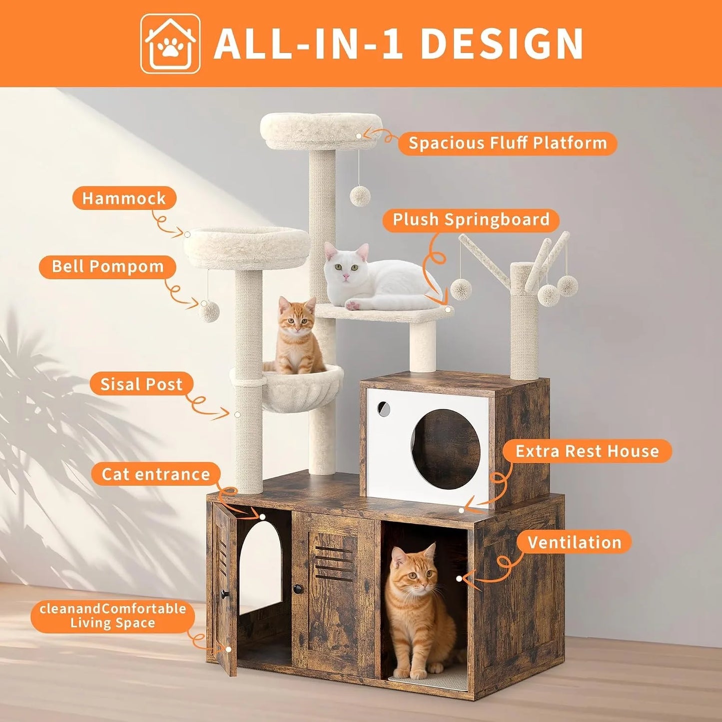 Cat Tower with Litter Box Enclosure, 2-in-1 Modern Cat Tree, 55.1-Inch Cat Condo with Scratching Posts, Hidden Litter Cabinet, Hammock & Perches, Engineered Wood, Indoor Use