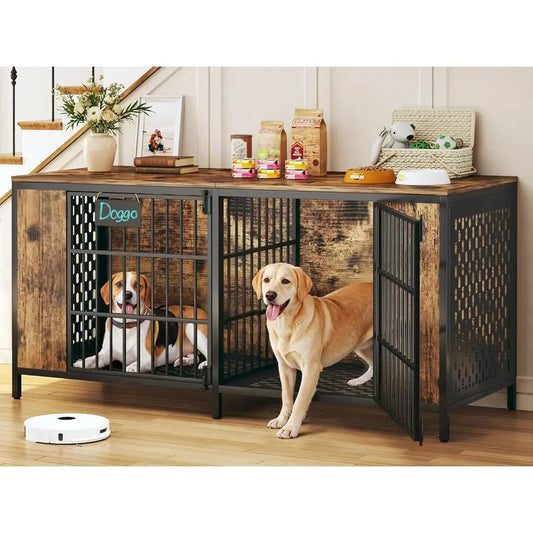 63" Large Double Dog Kennel Furniture for 2 Dogs – Extra Sturdy XXL Metal & Wooden Medium Dog Cage with Removable Divider, Dual