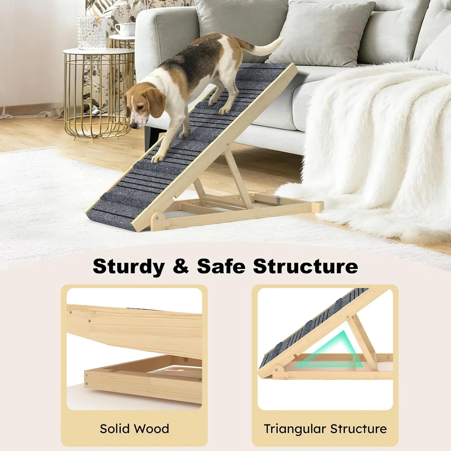 Adjustable Dog Ramp Pet Wooden Folding Dog & Cat Stair for Couch High Bed Non Slip Carpet Surface 7 Levels Height Adjustable
