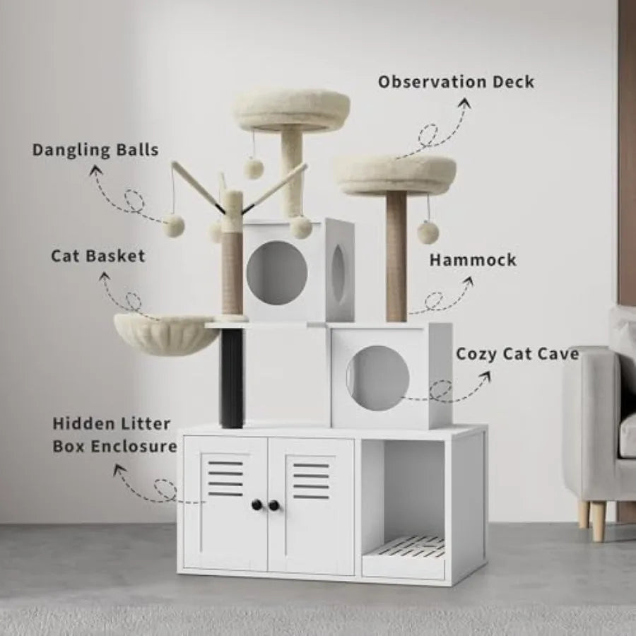 Multi-Level Cat Tree Tower with Cat Scratching Posts, Litter Box Enclosure, Cat Houses Condos, Hanging Cat Toys for Kittens, Adult