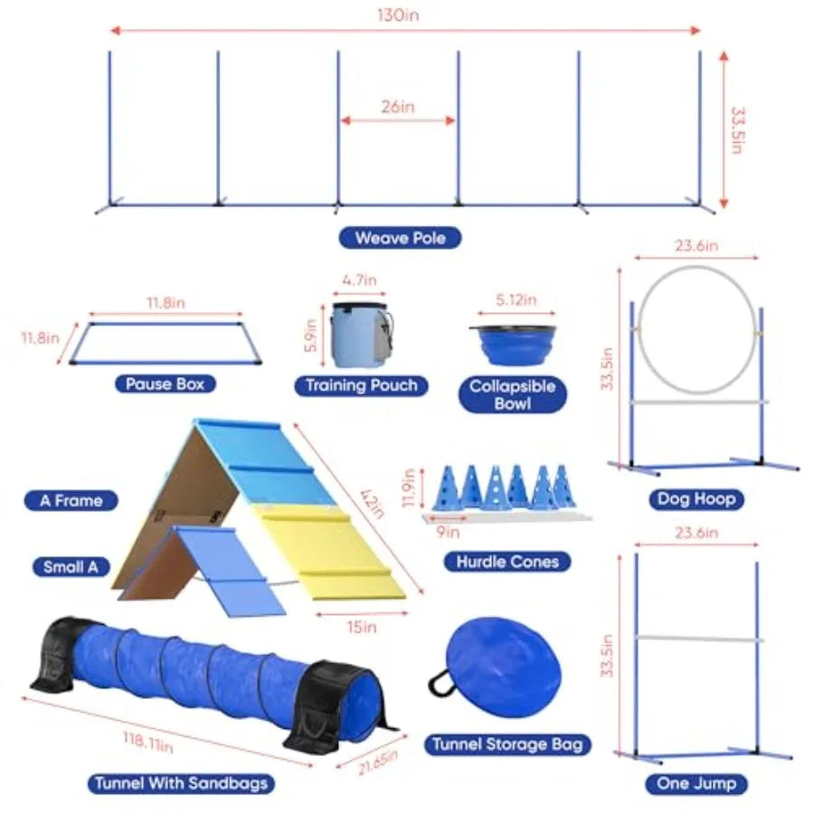 Dog Agility Training Equipment Complete Backyard Agility Course Set w/Adjustable A-Frame Ladder, Weave Poles, Cones, Jump Hoop,