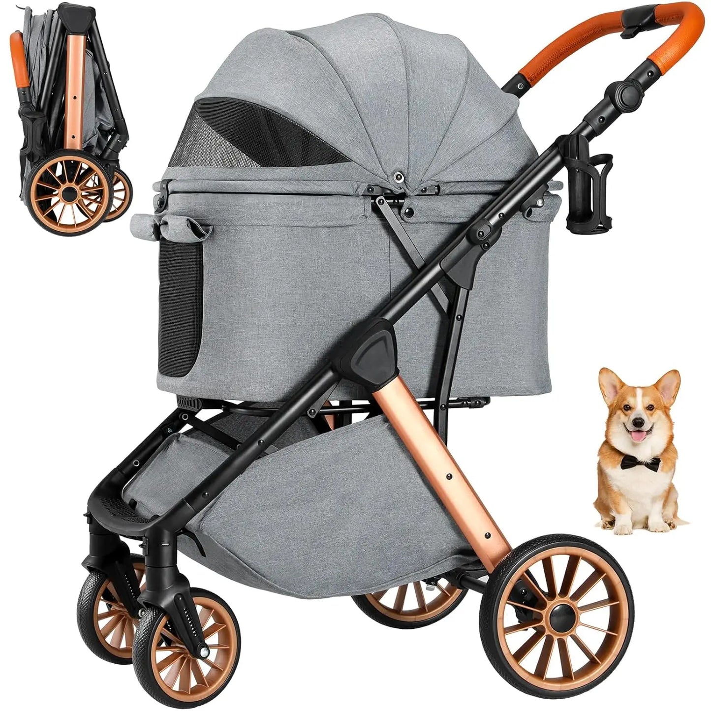 Foldable Dog Stroller for Medium Small Dogs Cats Up to 55 Lbs(25kg), Aluminum,Carbon Steel Frame Pet Stroller, Height-Adjustable