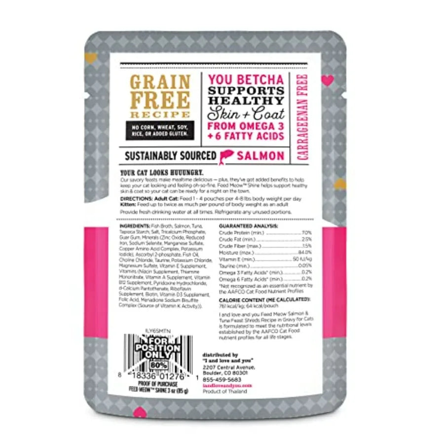 Feed Meow Shine Wet Cat Food - Salmon + Tuna - Coat and Skin Support, Grain Free, Shreeded, No Fillers, 3oz Pack of 12