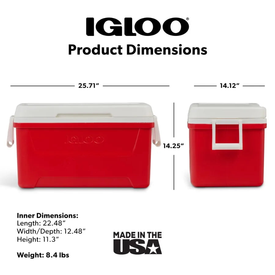 48 QT Hard Sided Ice Chest Cooler for Outdoor Camping and Tailgating, Durable Polyethylene Shell in Red
