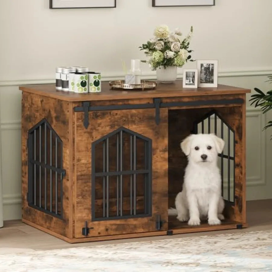 Dog Crate Furniture, 31.5" Farmhouse Dog Kennel with Sliding Barn Door, Wooden Dog Cage for Small Medium Dogs, Decorative Pet House