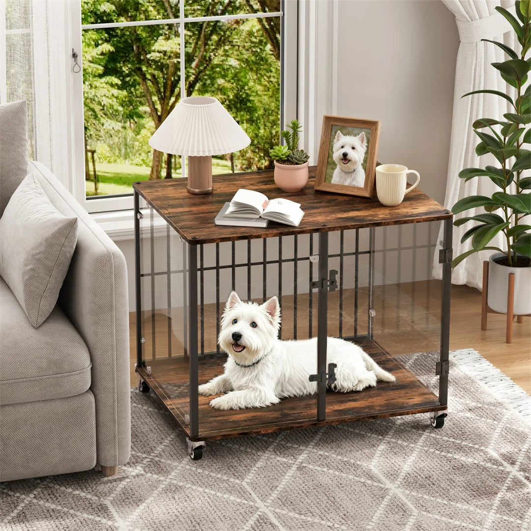 Anti-Bite Pet Kennel Furniture with Side Table,Tempered Glass Dog Cage Iron Pet Crate with Wheels for Indoor Use