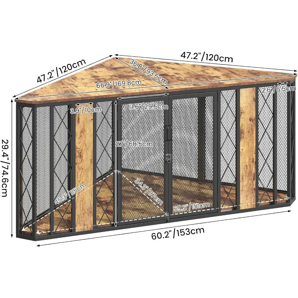 67" Corner Dog Crate Furniture for Large Breed, Large Wooden Dog Kennel Furniture with 2 Doors, Decorative Crate