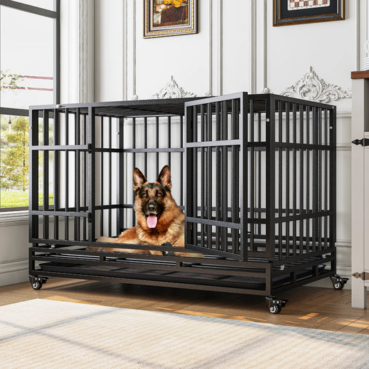 48" Heavy-Duty Dog Crate, Escape-Proof Steel Cage for High Anxiety Dogs with Double Doors, Lockable Wheels & Removable Tray, Indoor Outdoor