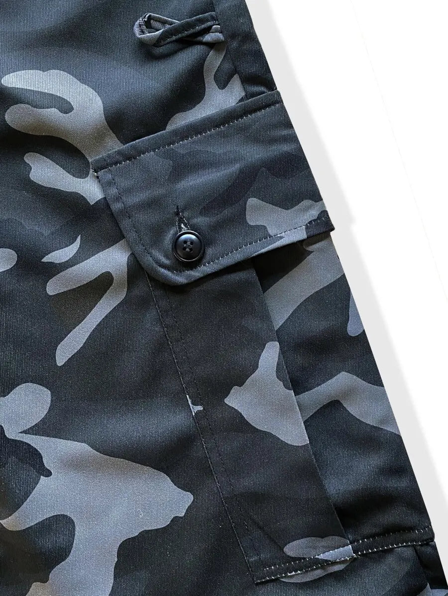 Loose Fit Camo Print Flap Pocket Drawstring Waist Cargo Pants For Men Fall