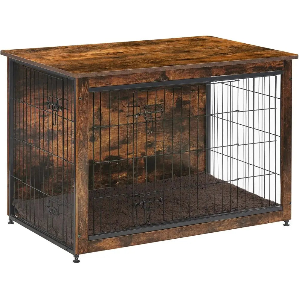 Medium Rustic Brown Wooden Dog Crate with Cushion and Double Doors
