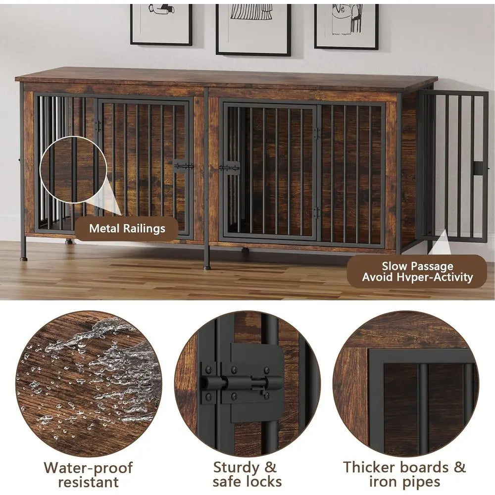 Sturdy Double Dog Crate Furniture, TV Stand Style, Suitable for 35-60 lb Dogs, Brown