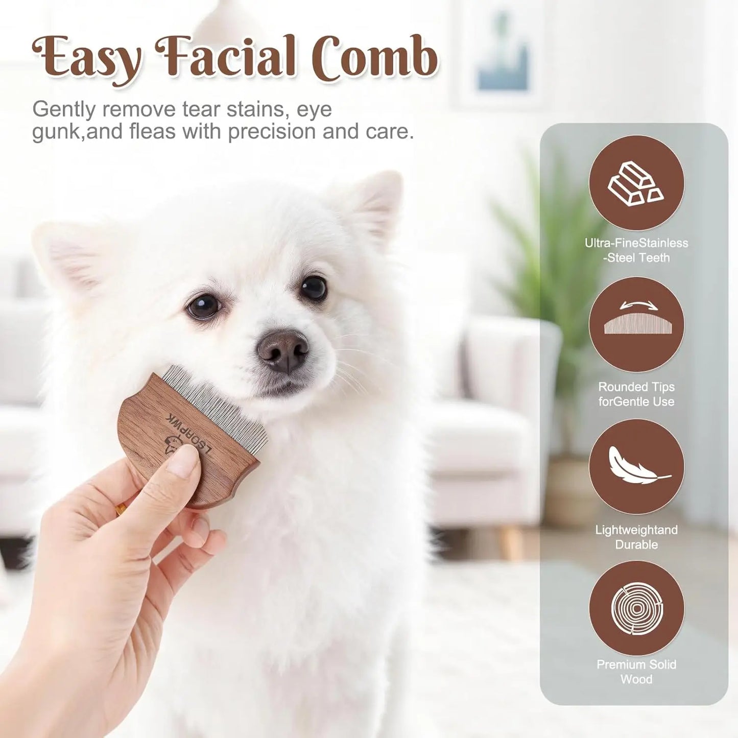Wooden Eye Comb for Dogs & Cats, Gentle Tear Stain Remover, Rounded Tips, Flea Comb for Small Pets