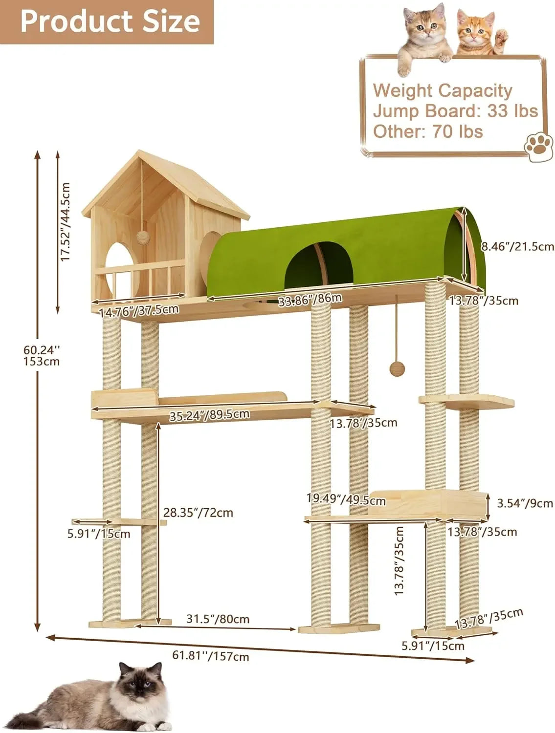 60" Solid Wood Cat Tower for Heavy Cats, Space-Saving with Litter Box Area, Multi-Level for Indoor Multi-Pet Homes