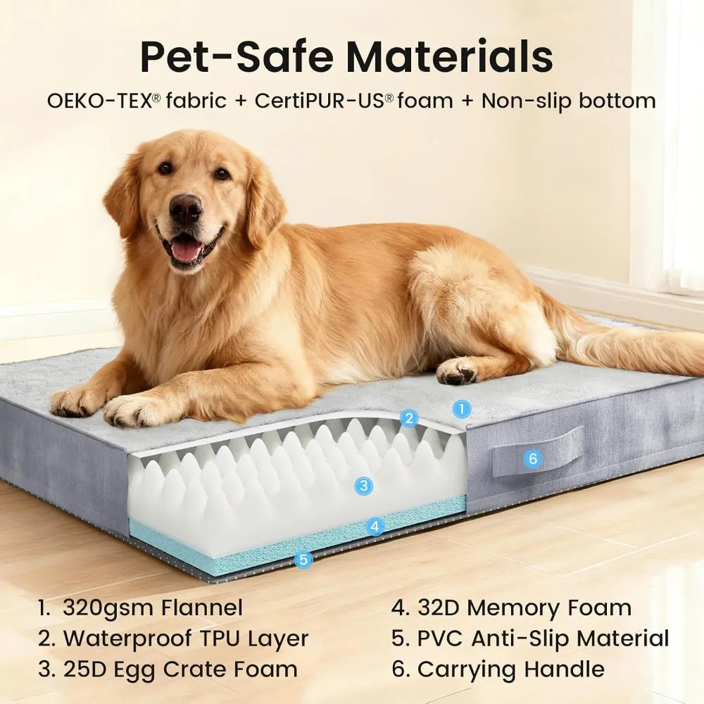 Orthopedic Waterproof Dog Bed for Large Dogs, Machine-Washable, Reversible Memory Foam, Easy-Carry Handle, 41 Inch Gray