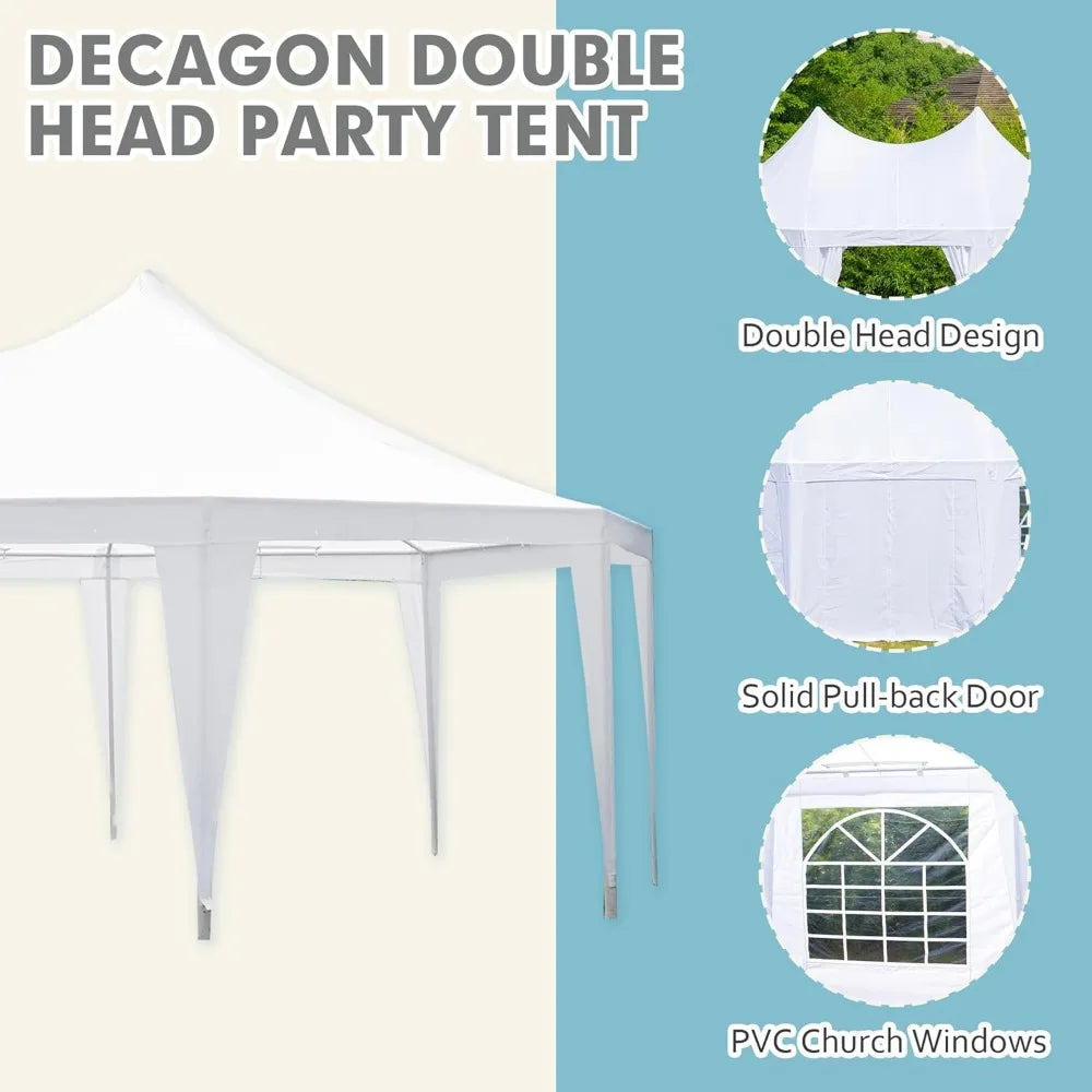 26' x 19' Party Tent, White Wedding Tent, Decagonal Heavy Duty Canopy with 8 Removable Sidewalls, 8 Church Windows, and 2 Pull-Back Doors