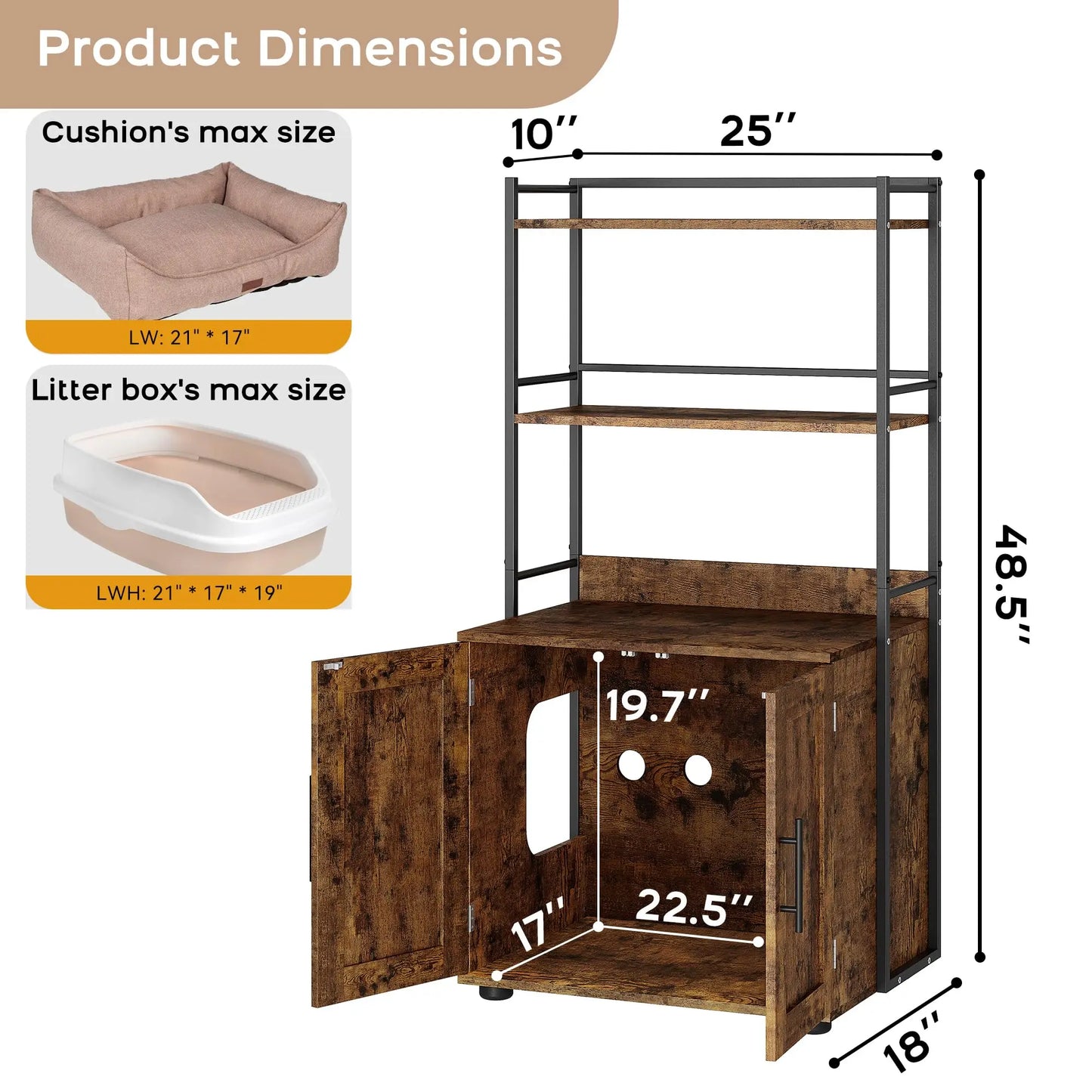2-in-1 Hidden Cat Litter Box Enclosure Odor Control 3 Metal Shelves Storage Cabinet Multi-Purpose Cat Washroom Furniture