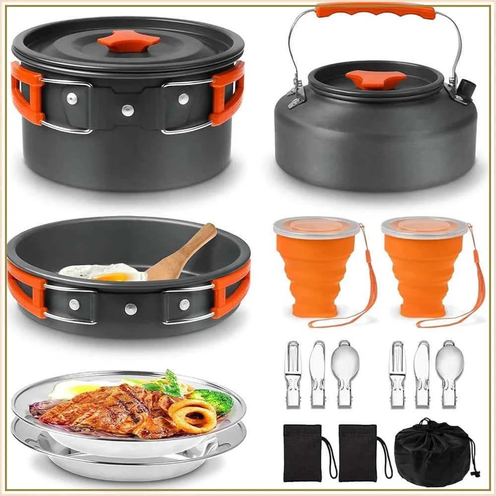 Lightweight Camping Cookware Set with Non-Stick Pan, Pot, Kettle, Plates & Utensils for 2-3 People, Portable for Backpacking, Hiking, Picnics