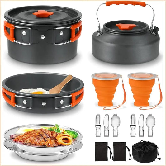 Lightweight Camping Cookware Set with Non-Stick Pan, Pot, Kettle, Plates & Utensils for 2-3 People, Portable for Backpacking, Hiking, Picnics