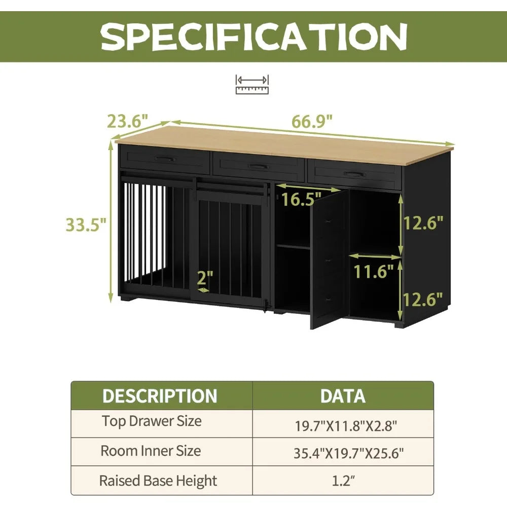 Dog Crate Furniture With Storage, 72.4" Wooden Heavy Duty Dog Kennel Table Furniture With Drawers & Shelves, Indoor Dog House TV