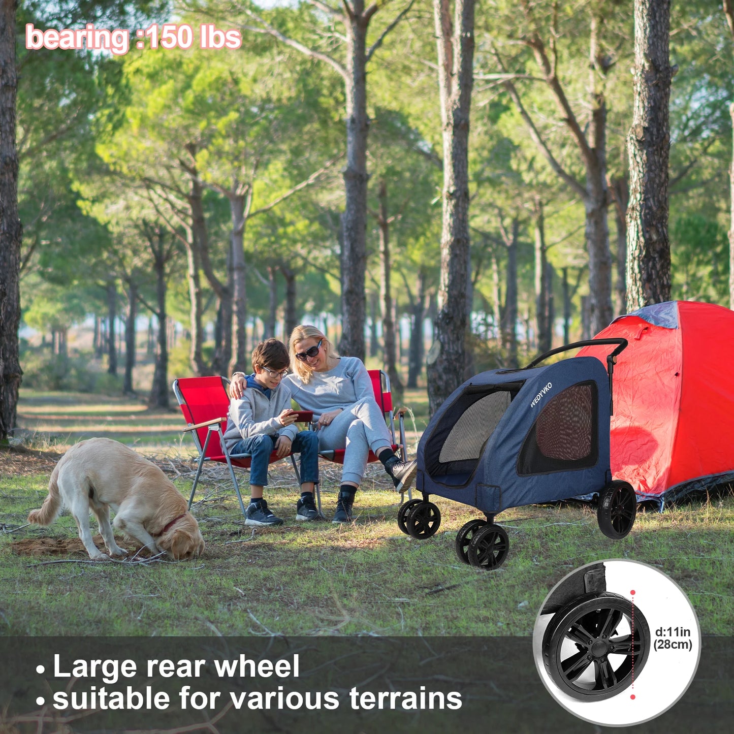 Heavy-Duty Dog Stroller for Large Dogs up to 120 lbs, Foldable Pet Wagon with 360° Wheels, All-Round Ventilation, Front & Rear Z