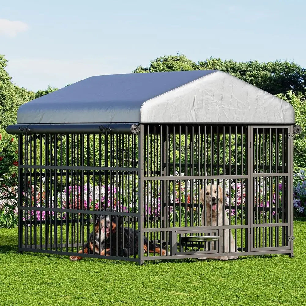 Durable Outdoor Dog Kennel with Waterproof Cover and Rotating Feeding Bowls for Medium to Large Dogs