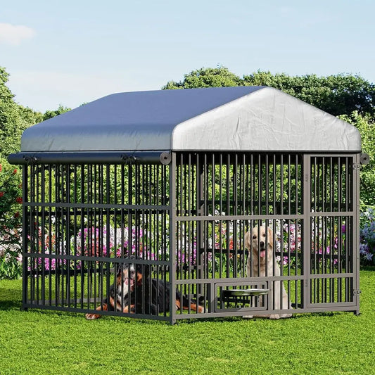 Durable Outdoor Dog Kennel with Waterproof Cover and Rotating Feeding Bowls for Medium to Large Dogs