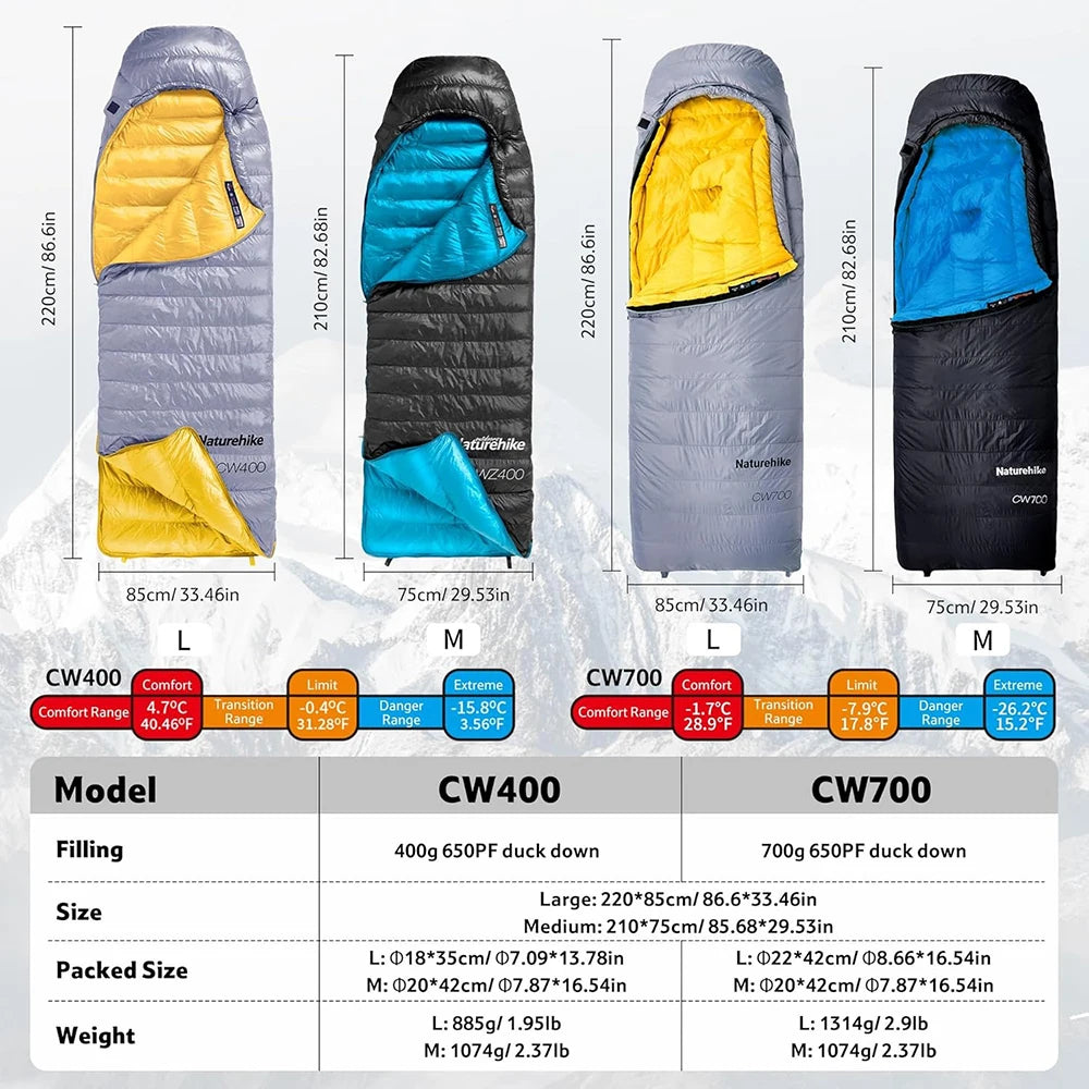 CW700 Sleeping Bag Ultralight Down Sleeping Bag for Adults Outdoor Winter Warm 650FP Duck Down Envelope Sleeping Bag