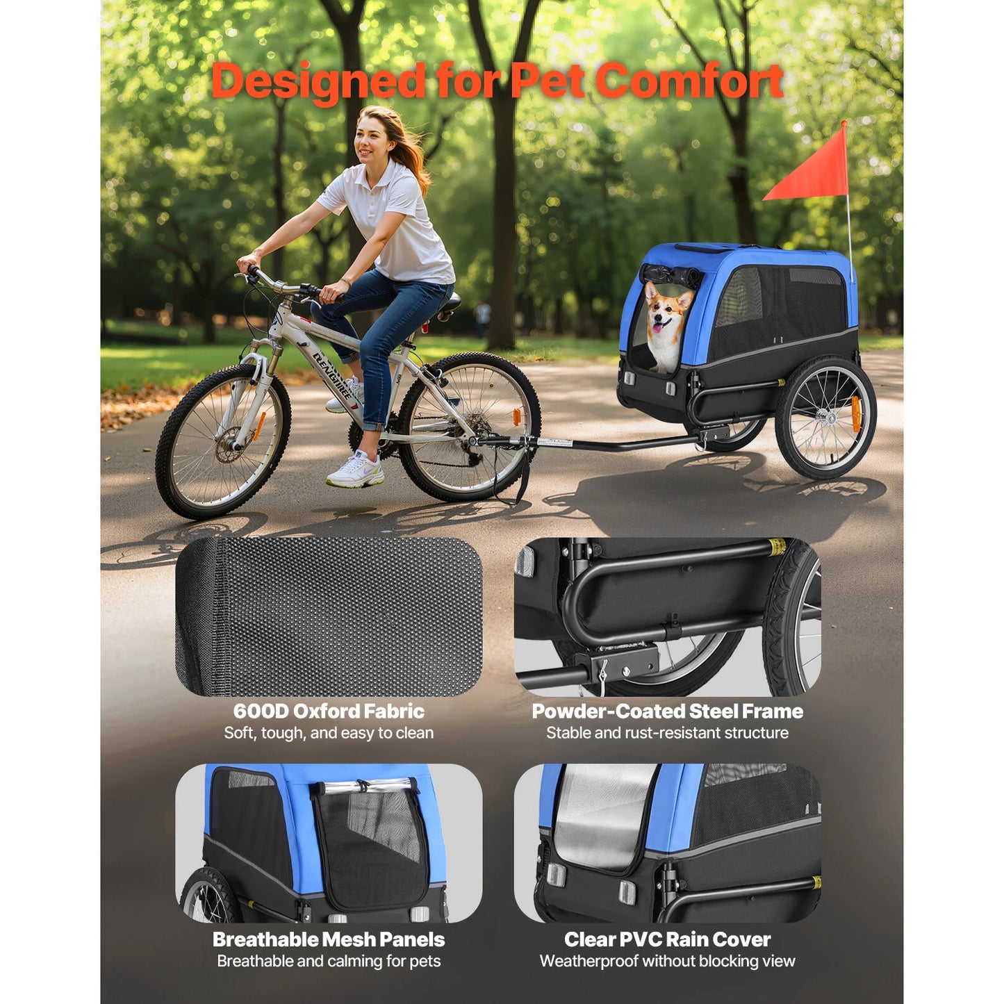 66/88 lbs Dog Bike Trailer Easy Folding Frame Pet Cart Bicycle Carrier with Coupler & Reflector for Small & Medium Dogs
