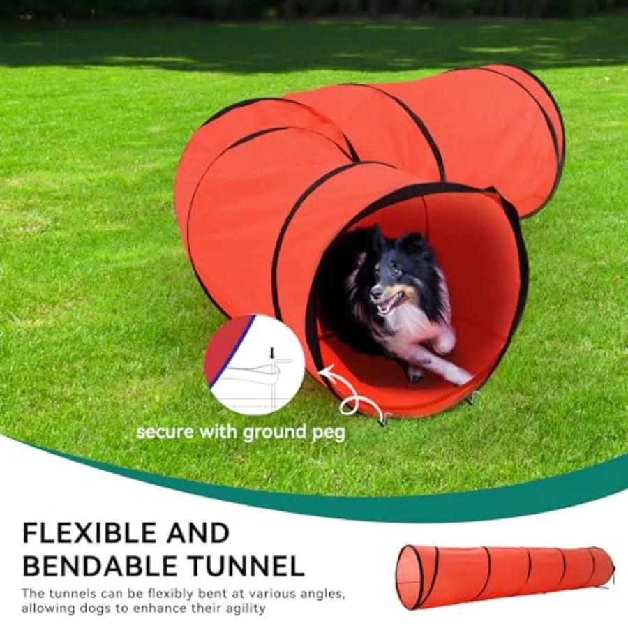 Dog Agility Training Equipment Set with Flexible Tunnel, Hurdle, Jump Ring, 6 Weave Poles, Pause Platform, Teaser Pole, and Carry Bag