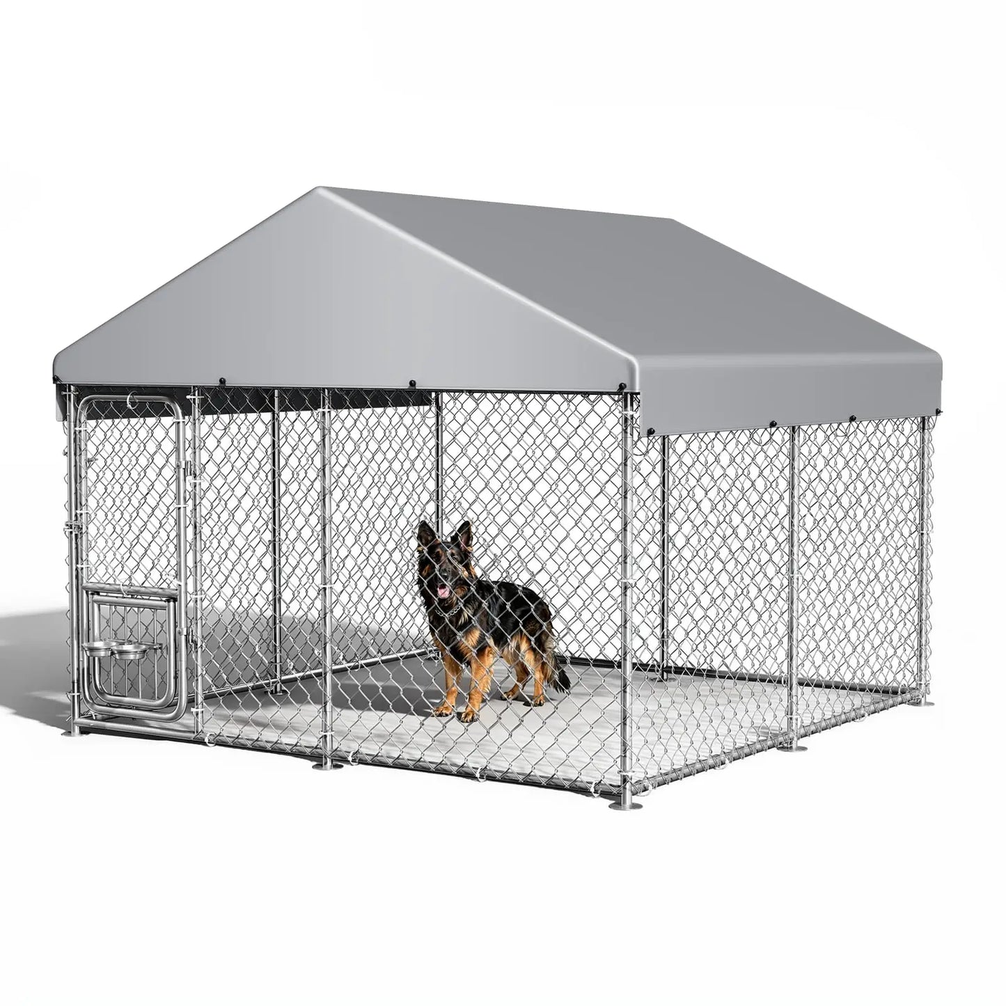 Heavy Duty 7.5 FT x 7.5 FT x 6.6 FT Outdoor Dog Kennel With Roof Cover, Lockable Feeding Door Dog Run For Large Dogs