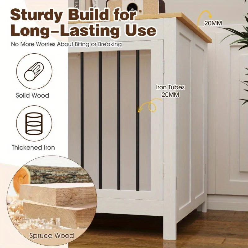 39'' Foldable Wooden Dog Crate Furniture – Indoor Dog Kennel for Large Dogs with 360° Rotating Feeder, White